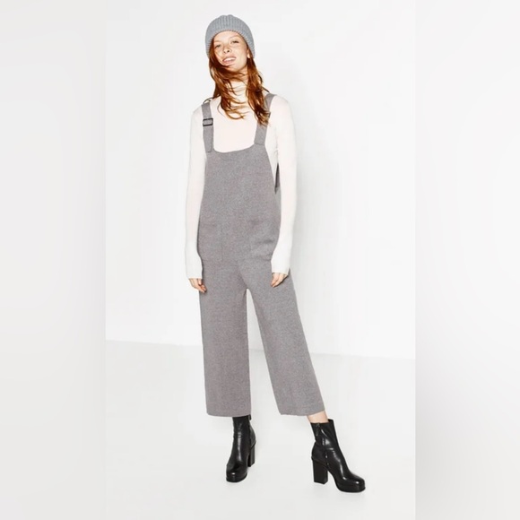 Zara Knit Wide Leg Jumpsuit Overalls XL Bohemian Oversized Blogger Favorite Grey - Picture 2 of 8